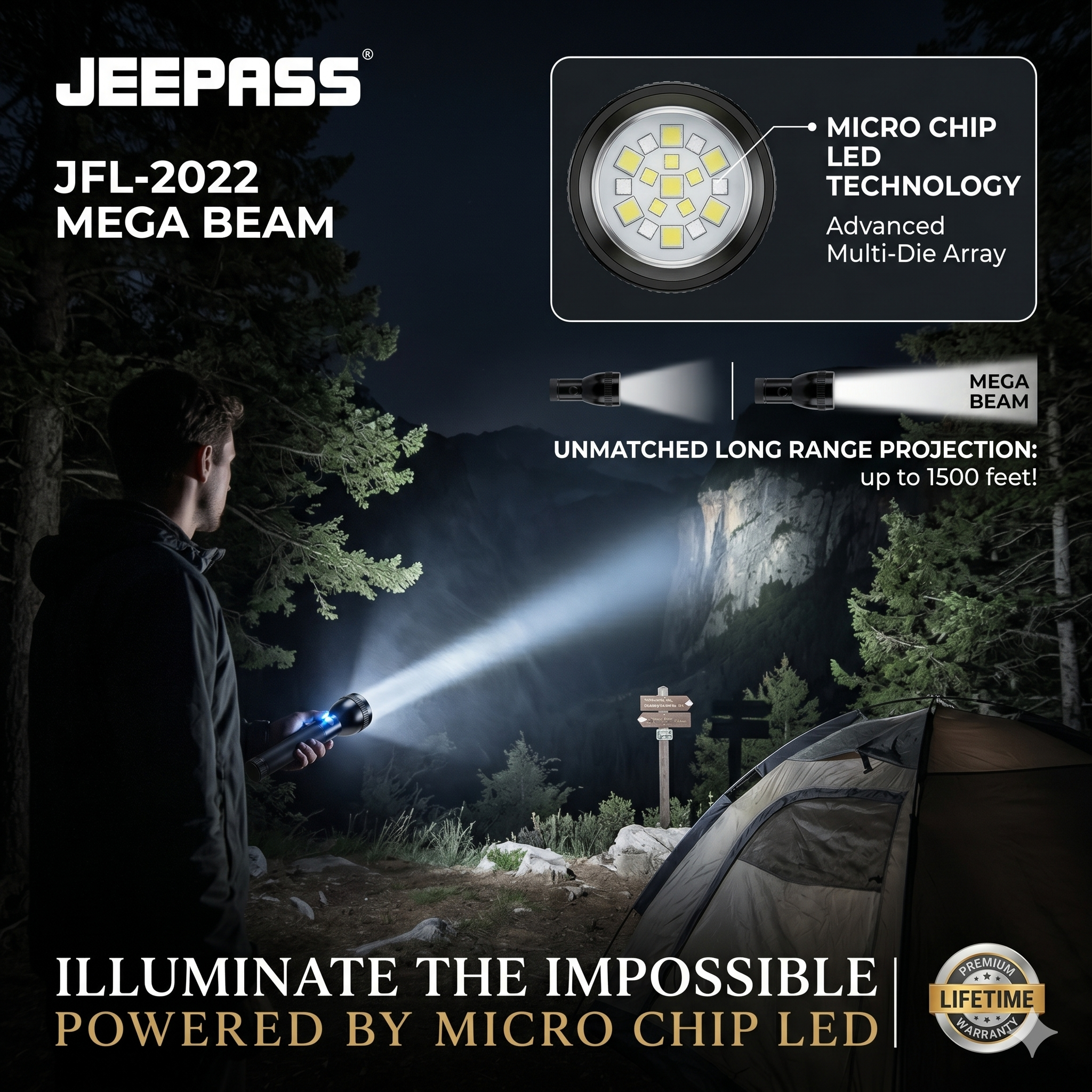 Jeepass JFL-2022 Rechargeable LED Flashlight with Long Range Beam